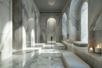 Obraz premium Magnificent, sunlit marble bathhouse with arched windows and luxurious seating, exuding opulence and tranquility.