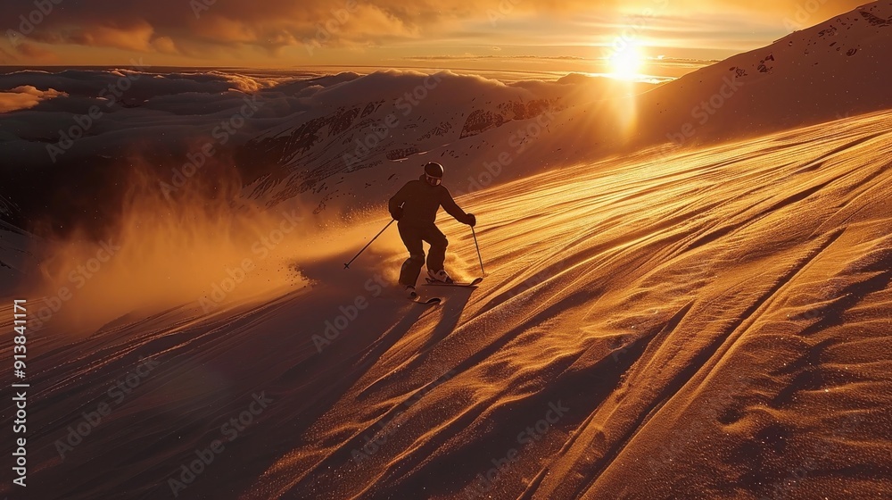 Aufkleber a skier descends a mountain slope, silhouetted against the golden light of the setting sun. clouds a