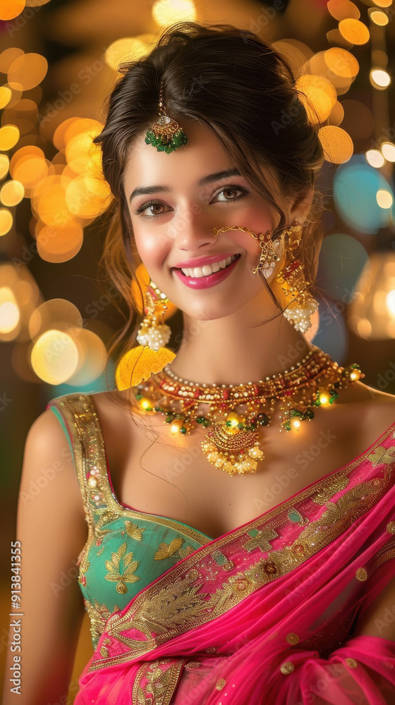 Sticker young beautiful woman in traditional wear lehenga choli and gold jwelery