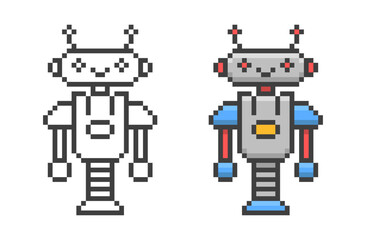 Pixel art cute game robot. Vector illustration in retro style