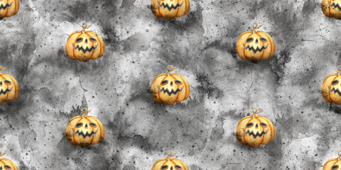 Watercolor seamless Halloween pattern with orange smiling spooky pumpkins on the background. Holiday background for wrapping paper, fabric, textile, scrapbook.