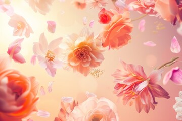 A dreamy array of pink and peach flowers float gracefully against a soft, blurred background, creating a serene and romantic ambiance.