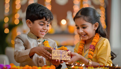 Indian little boy giving gift to little girl on traditional festival