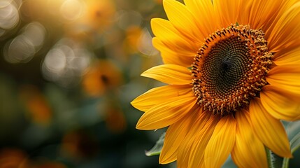 Fototapeta premium A sunflower in focus among a field of sunflowers, background softly blurred with radiating sunlight