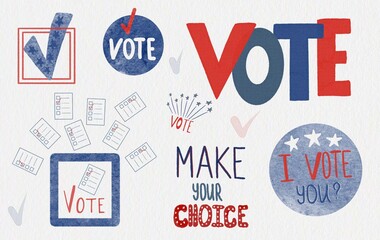 Vote illustration set. Voting illustration collection. Election, ballot box, make right choice sign and stickers. High quality photo