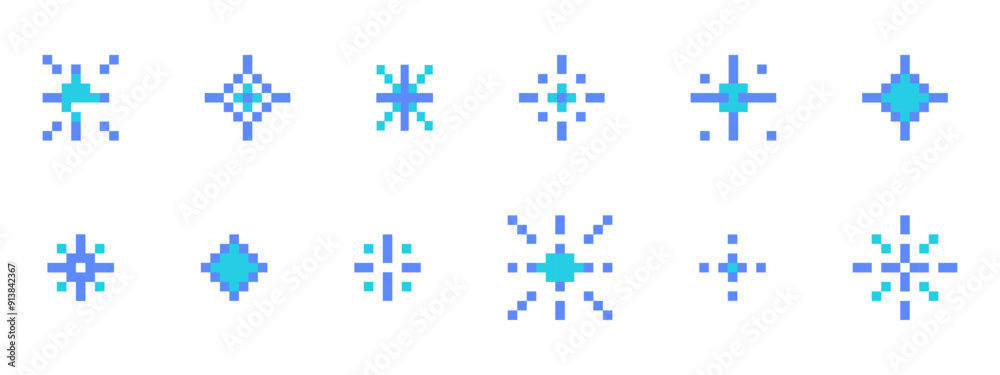 Wall mural pixel snowflake or star retro 8 bit sparkle set. shiny winter game pixel art effect set. firework bu