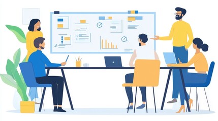 A corporate strategy meeting with team members discussing ideas around a conference table, using whiteboards and digital tools to visualize plans.