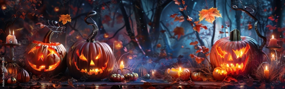 Poster three carved jack o'lanterns with flickering candlelight sit on a forest floor, surrounded by a dark