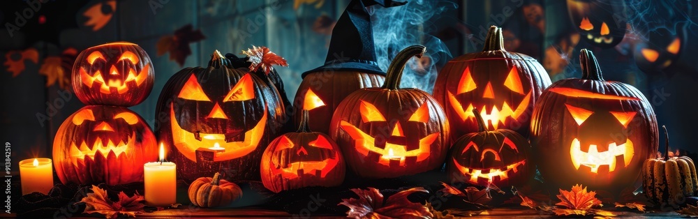 Poster a collection of carved jack-o-lantern pumpkins sits on a wooden table, lit from within with candles,