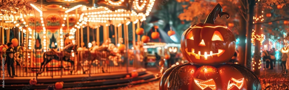Poster A glowing jack-o'-lantern sits in the foreground with a brightly lit carousel in the background. The carousel is decorated with lights and has horses and other figures on it. The scene is illuminated 