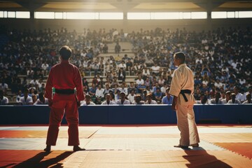 Two martial artists in traditional uniforms face off on a brightly lit dojo mat, while an eager audience watches intently.