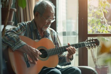 Obraz premium An elderly man sits by a window, deeply engrossed in playing an acoustic guitar, casting a calm, reflective mood in the softly lit room.
