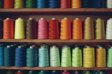 A vibrant assortment of large thread spools in diverse colors neatly arranged on shelves, representing creativity and precision.