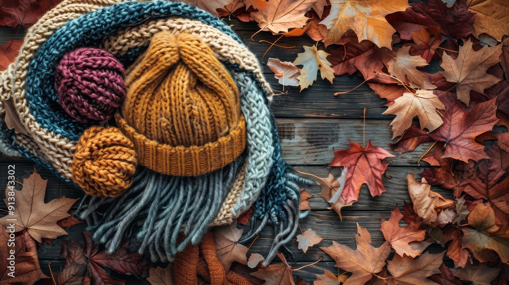 Aufkleber a close-up of a knitted hat and scarf with fringed edges resting on a weathered wooden surface. autu