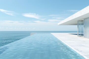 Obraz premium A breathtaking view of an infinity pool blending seamlessly into the horizon, with clear blue skies and calm ocean waters.