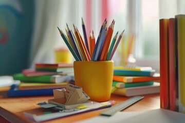 Fototapeta premium A vibrant arrangement of colorful pencils and books on a sun-dappled desk, representing creativity and a bright, cheerful workspace.