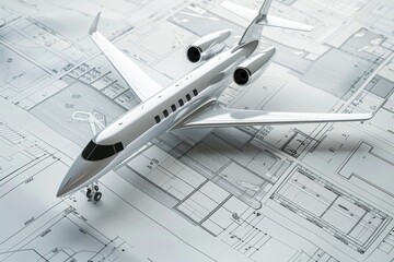A detailed model of a sleek private jet placed on architectural blueprints, embodying luxury, design, and engineering precision.