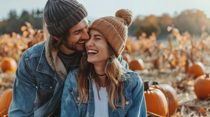 A couple in denim jackets and beanies laugh together in a pumpkin patch on a sunny autumn day. The man is whispering something to the woman, making her laugh uncontrollably. Behind them, pumpkins of v