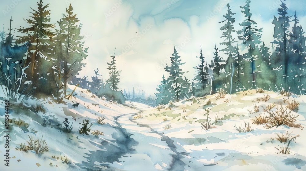 Poster a watercolor painting depicts a snowy path winding through a forest of evergreen trees. the snow is 