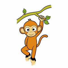 Monkey Hanging in Tree Vector Illustration – Cartoon, Clipart, and Line Art Design