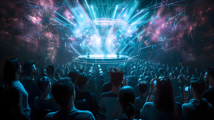 Vibrant virtual reality concert hologram showcases futuristic technology and colorful music...