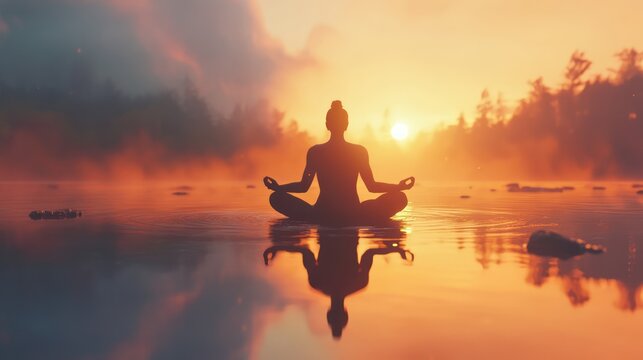 Silhouette of a person meditating on a calm lake at sunrise
