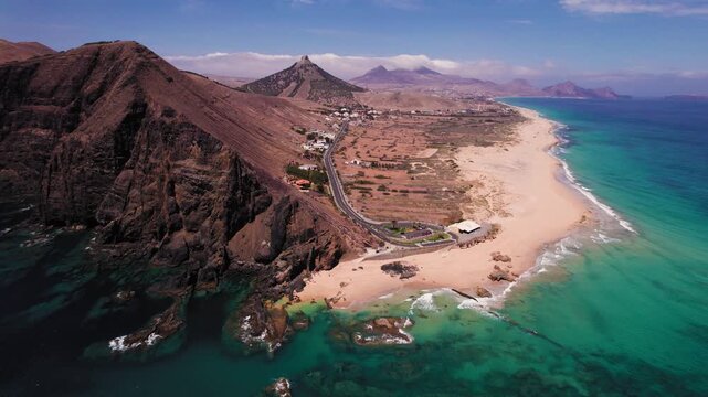 Aerial view about the endpoint of Ponta da Calheta at Porto Santo island, Portugal.