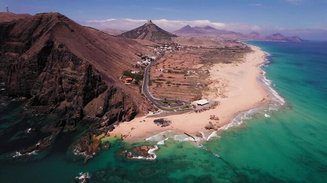 Inverse aerial movement about the endpoint of Ponta da Calheta at Porto Santo island, Portugal.