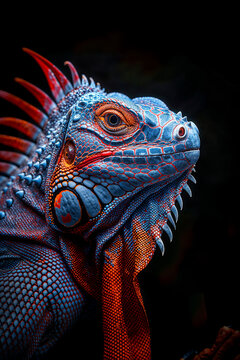 Close-up portrait of a vibrant blue iguana with striking details. Generative AI image