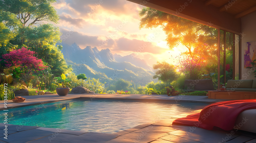 Poster Tranquil poolside view with mountain sunset.