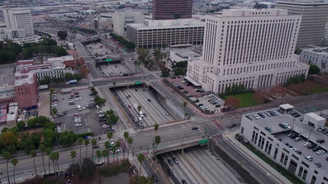 Aerial View of Traffic on US-101 Highway and Spring Street Courthouse, Los Angeles CA USA