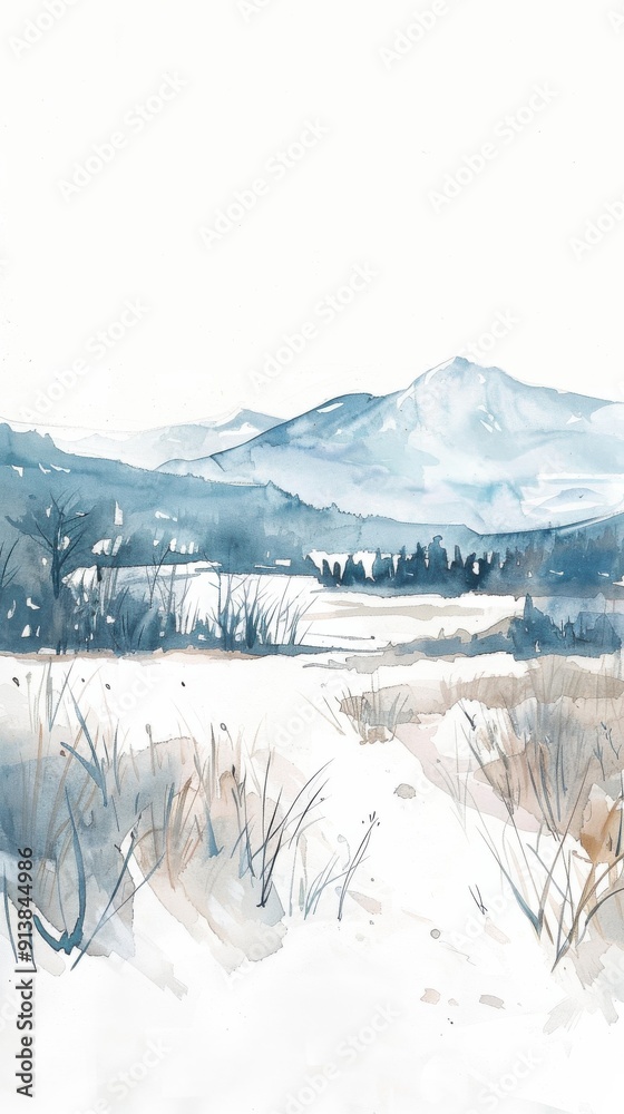 Poster a watercolor painting depicts a snowy mountain landscape with a path leading through a field of tall