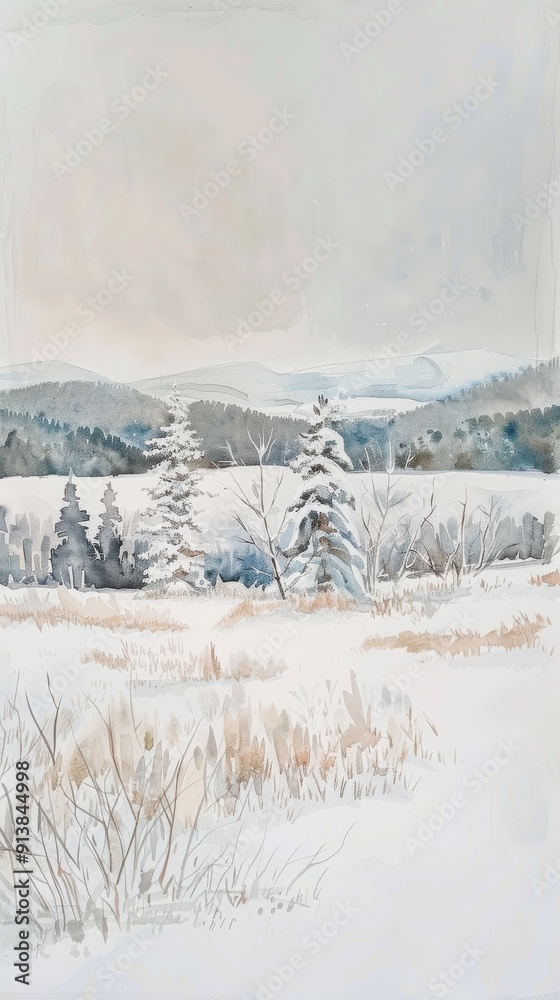 Poster a watercolor painting depicts a winter landscape with a snowy field in the foreground. a line of tre