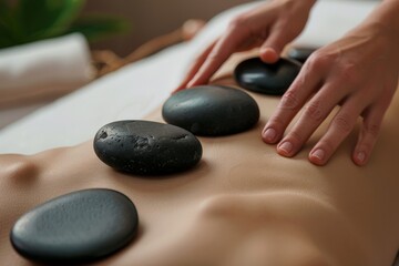 A close-up of hot stone massage therapy in progress, with smooth black stones placed along the spine, promoting relaxation and holistic well-being in a tranquil setting.