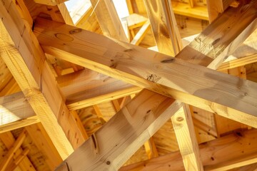 An intricate close-up view of wooden beams crisscrossing in a sunlit framework, showcasing craftsmanship.