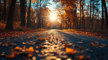 Fall afternoon walk, vibrant colors, scenic routes, dynamic action, inviting