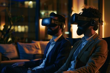 Two individuals in a dimly lit room, fully immersed in virtual reality, wearing VR headsets, exuding a sense of futuristic experience and modern technology.