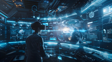 Obraz premium Virtual reality experience depicts hologram of colorful space with planets, stars, and futuristic landscapes.