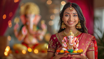Young indian woman in red color saree holding lord ganesha sculpture