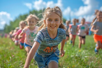 Children participating in a school sports event, physical education, teamwork, outdoor activity. Generative AI