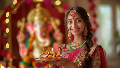 Young indian woman in red color saree holding lord ganesha sculpture