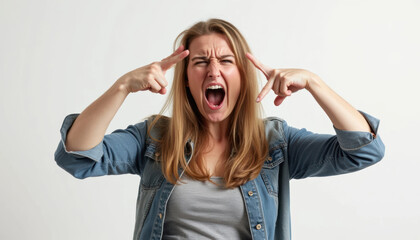 Frustrated Woman with Open Mouth and Finger Guns, Emotional Expression, Stress Relief, Studio Shoot, Human Emotion,  Psychology Concepts