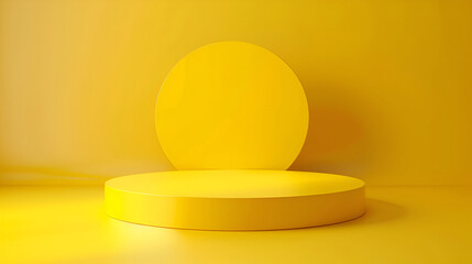 Yellow 3D illustration of platforms and decorative elements surrounding it,White podium on yellow background with spotlight for product display in studio setting,Abstract 3d geometric shape,

