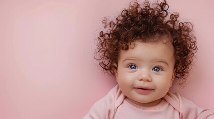 Naklejka premium Adorable baby girl with big blue eyes and curly hair smiling on pink background