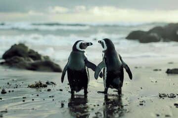 Two penguins stand on a rocky shore, gazing at each other as the waves gently lap at their feet, creating a serene and intimate seaside moment.