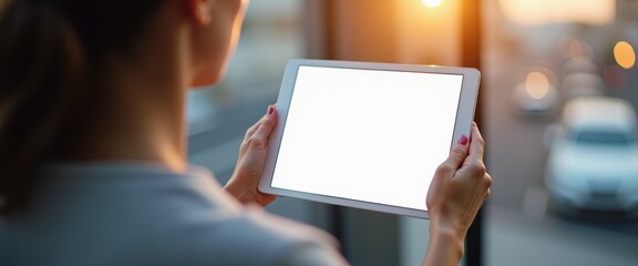 Woman Holding Tablet with Blank Screen, Mockup for App or Website Design