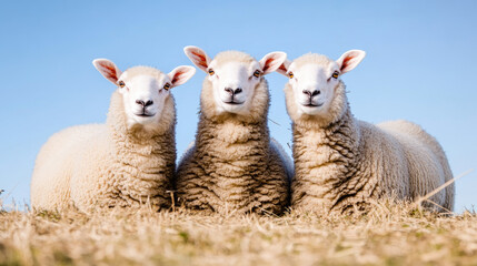 Obraz premium Three adorable sheep relax together in a sunny field, showcasing their fluffy coats and charming expressions against a clear blue sky.