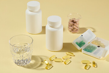 Yellow table top displaying some mock up bottles for branding, next to plenty soft gel capsules flat lay on table, vitamin and mineral capsules contained in pill box and glass beaker, water glass