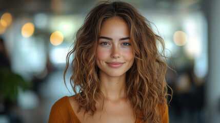 Energetic young woman exuding confidence and readiness for a productive day at work.