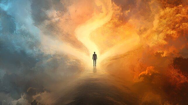 Abstract scene of a figure facing two diverging paths, each lined with symbolic elements of moral dilemmas and ethical choices